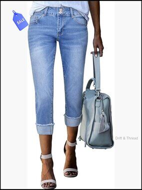 High Waisted Stretchy Skinny Cropped Capri Jeans Roll-up Cuff Frayed Hem
